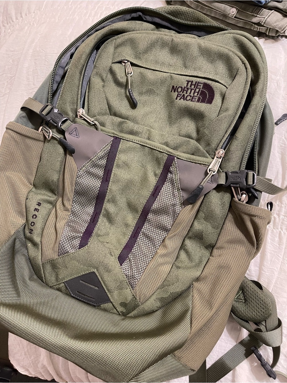 The North Face Olive Green & Purple Backpack